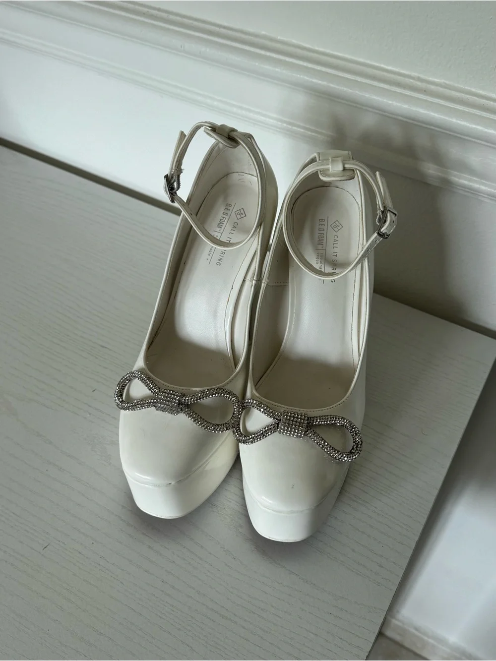 Call It Spring Platform Ankle-Strap Pumps with Rhinestone Bow